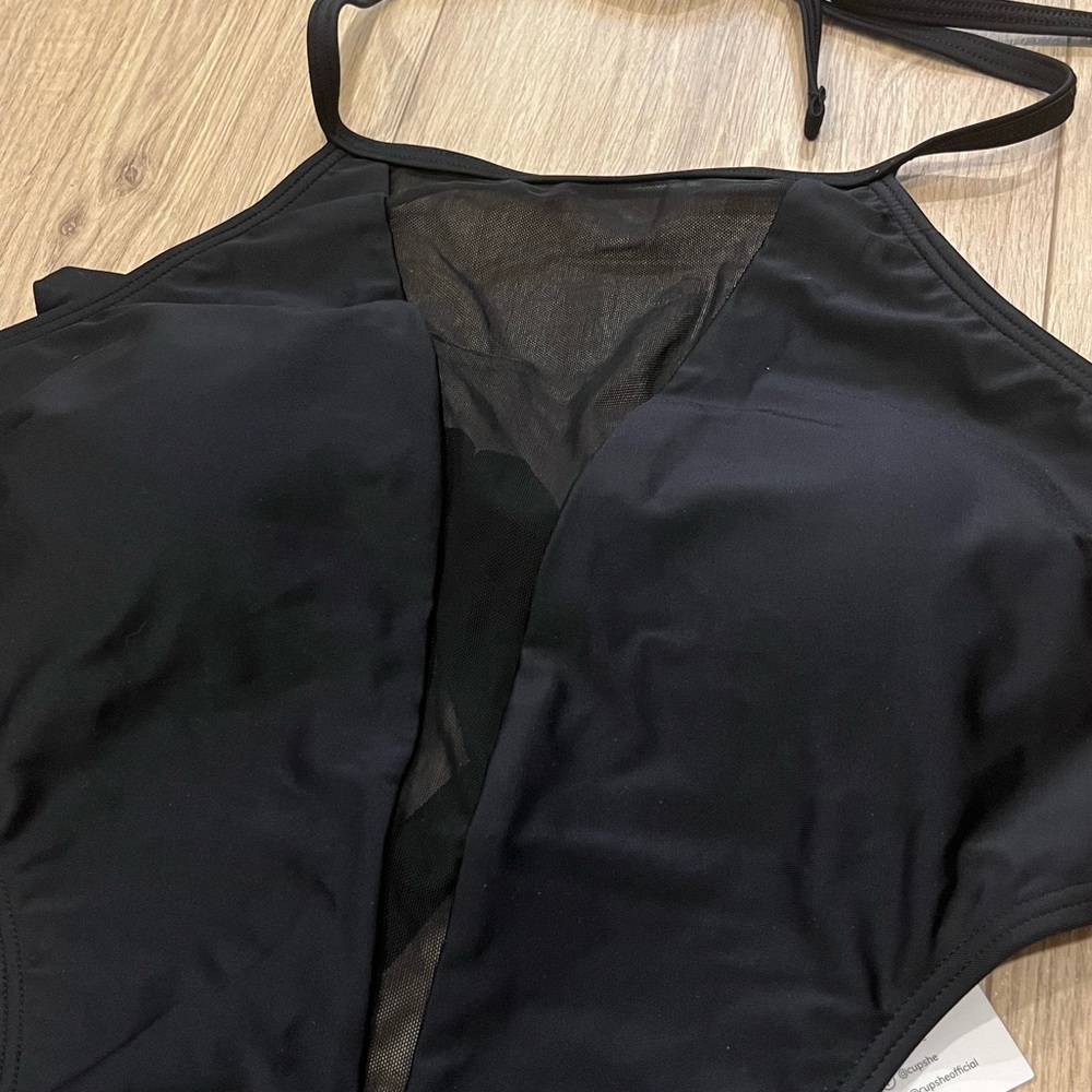 Black Mesh Halter One-Piece Swimsuit - Picture 4 of 5
